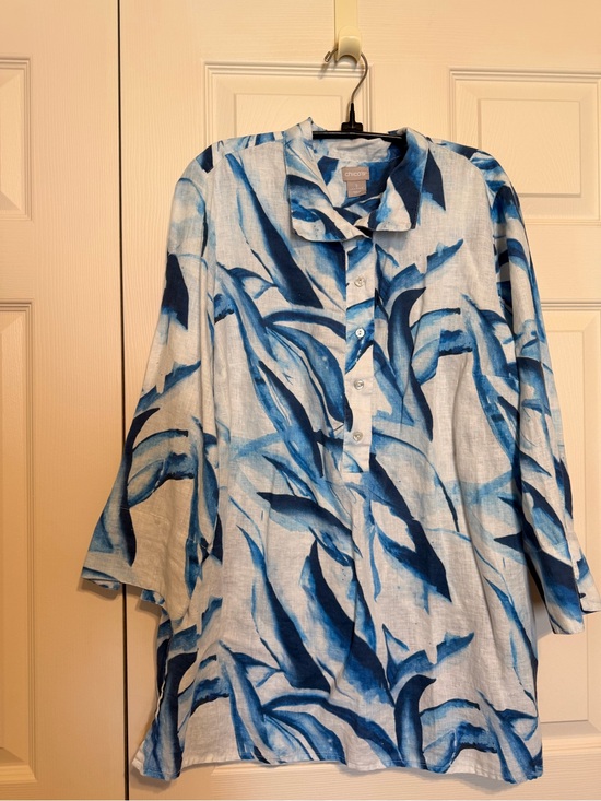 Chico's Tops - Chico’s Lightweight Linen-Blend Tunic with Blue Watercolor Leaf Print